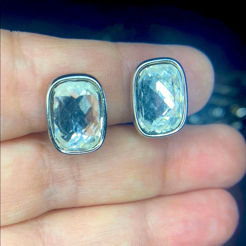 VTG Swarovski Signed Swan Rectangular Shape Clip On Earrings Faceted Clear